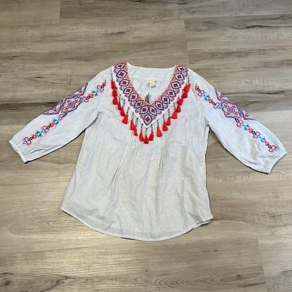 Chico's Women's Blue Embroidered Bohemian Tassel Blouse Top - Size Small - Picture 3 of 8